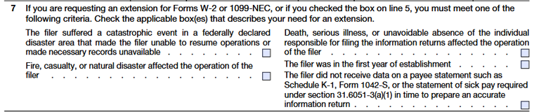 If a filer is applying for an extension of Forms W-2 or 1099-NEC