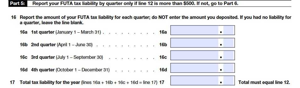 Part 5: Report your FUTA tax liability by quarter only if line 12 is more than $500