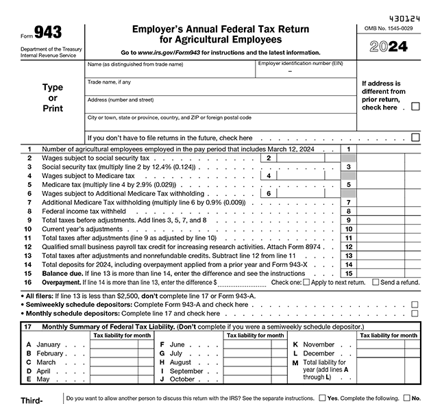 Employer's Annual Federal Tax Return for Agricultural Employees.