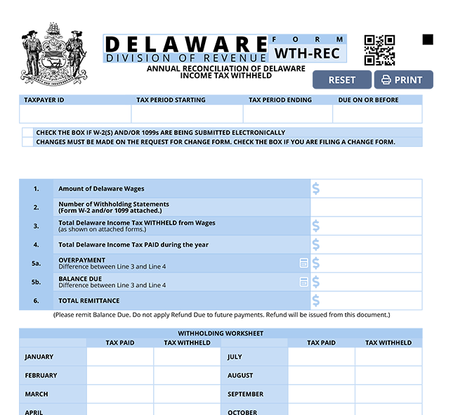 Delaware Form WTH-REC: W-2 Reconciliation