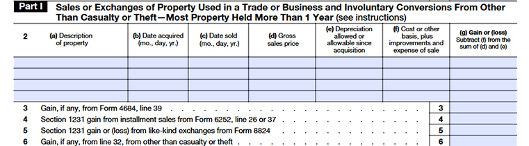 Form 4797 Part I for reporting sales, exchanges, and involuntary conversions of business property held for more than one year from Line 2 to Line 6
