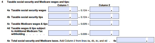 Lines 4a–4d: Calculate Social Security and Medicare taxes based on taxable wages and tips, then total them in Line 4e.