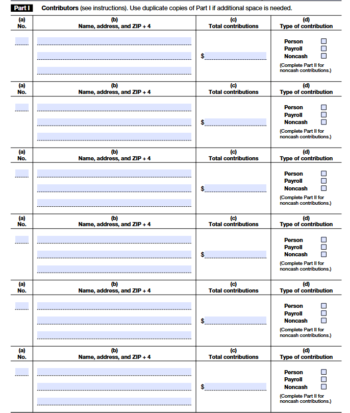 Form 990 Schedule B Part I Contributors