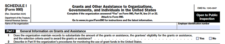 Form 990 Schedule I – Overview of the organization, including basic details and Part I: General Information on Grants and Assistance provided by the organization.