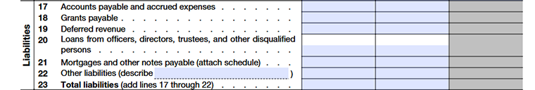 Form 990-PF Part II Lines 17–23 liabilities