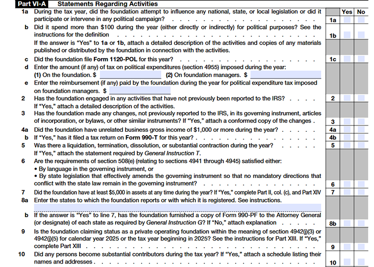 Form 990-PF Part VI-A Lines 1–10 foundation activities & compliance questions