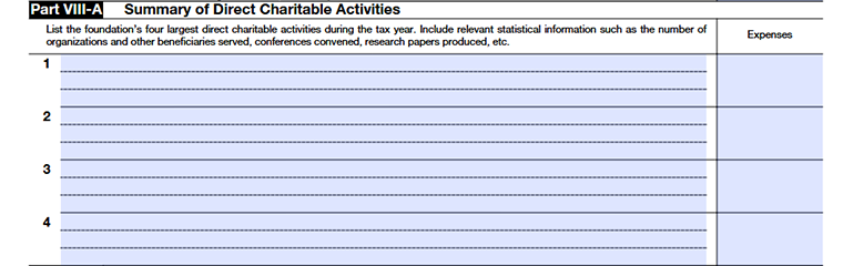 Form 990-PF Part VIII-A, Lines 1–4: Summary of the foundation’s direct charitable activities, including program descriptions, expenses, and related details.