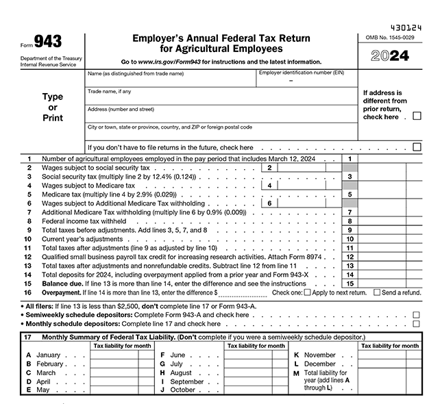  What details are required to submit Form 943 online?