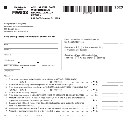 Maryland Form MW508: W-2 Reconciliation