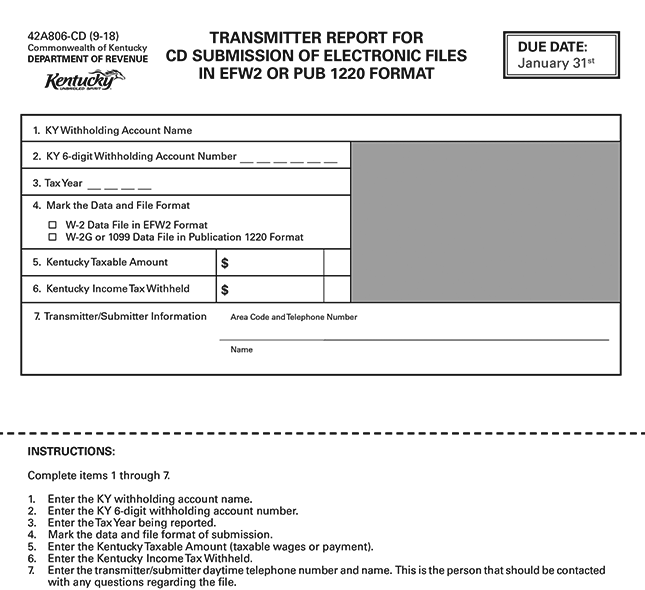 Kentucky Form 42A806: W-2 Transmitter Form