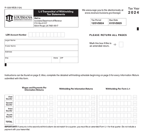 Louisiana Form L-3: Transmittal of Withholding Tax Statements