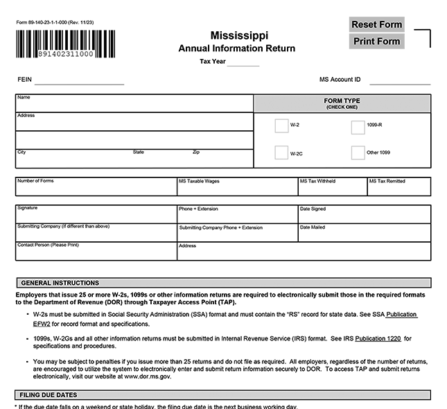 Mississippi Form 89-140: W-2 Transmittal