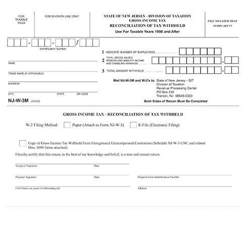 New Jersey Form NJ-W-3M: Reconciliation of Tax Withheld