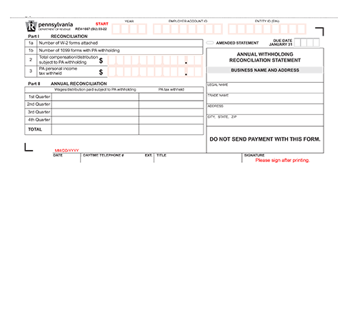 Pennsylvania Form REV -1667: Annual Withholding Reconciliation Statement