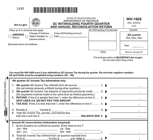 South Carolina Form WH-1606: Annual Reconciliation Of South Carolina Income Tax Withheld