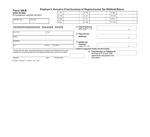 Virginia Form VA-6/VA-6H: W-2 Reconciliation