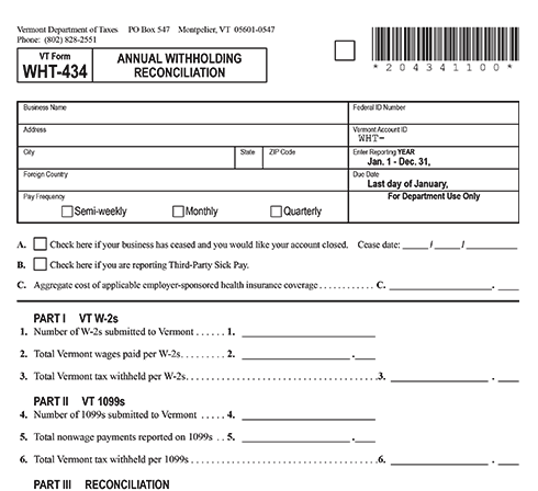 Vermont Form Form WHT-434: W-2 Reconciliation